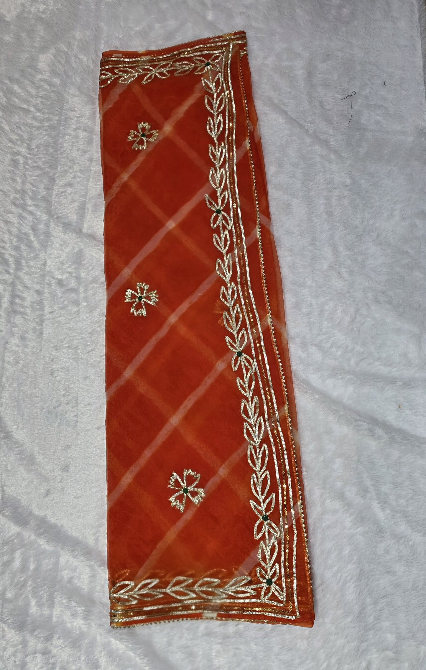 A vibrant organza saree featuring a classic leheriya pattern and rich gold gota patti border. Lightweight, festive and eye-catching — perfect for haldi, mehendi and small functions. Comes with a matching self blouse.