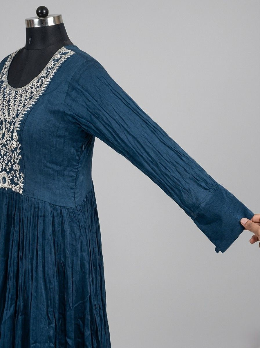 Stylish navy blue Anarkali outfit with intricate embroidery, lightweight fabric, and graceful flared design for day and festive occasions