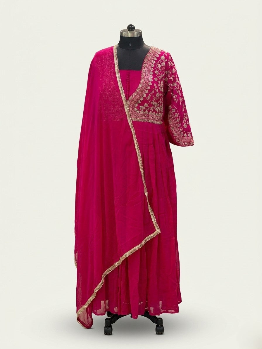 Pink Georgette Anarkali Dress with Flared Design
