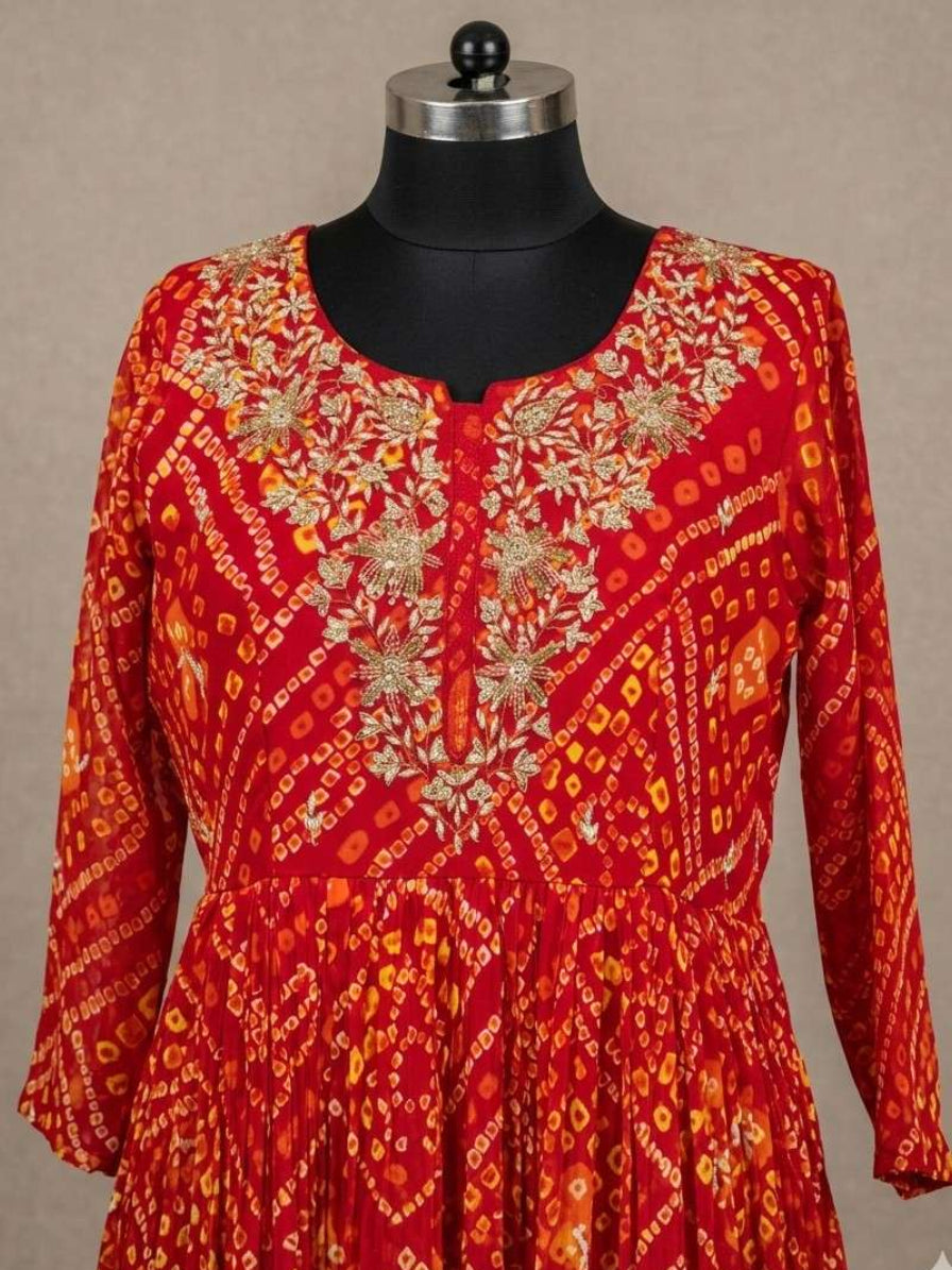 Bandhani Anarkali Dress in yellow red colour