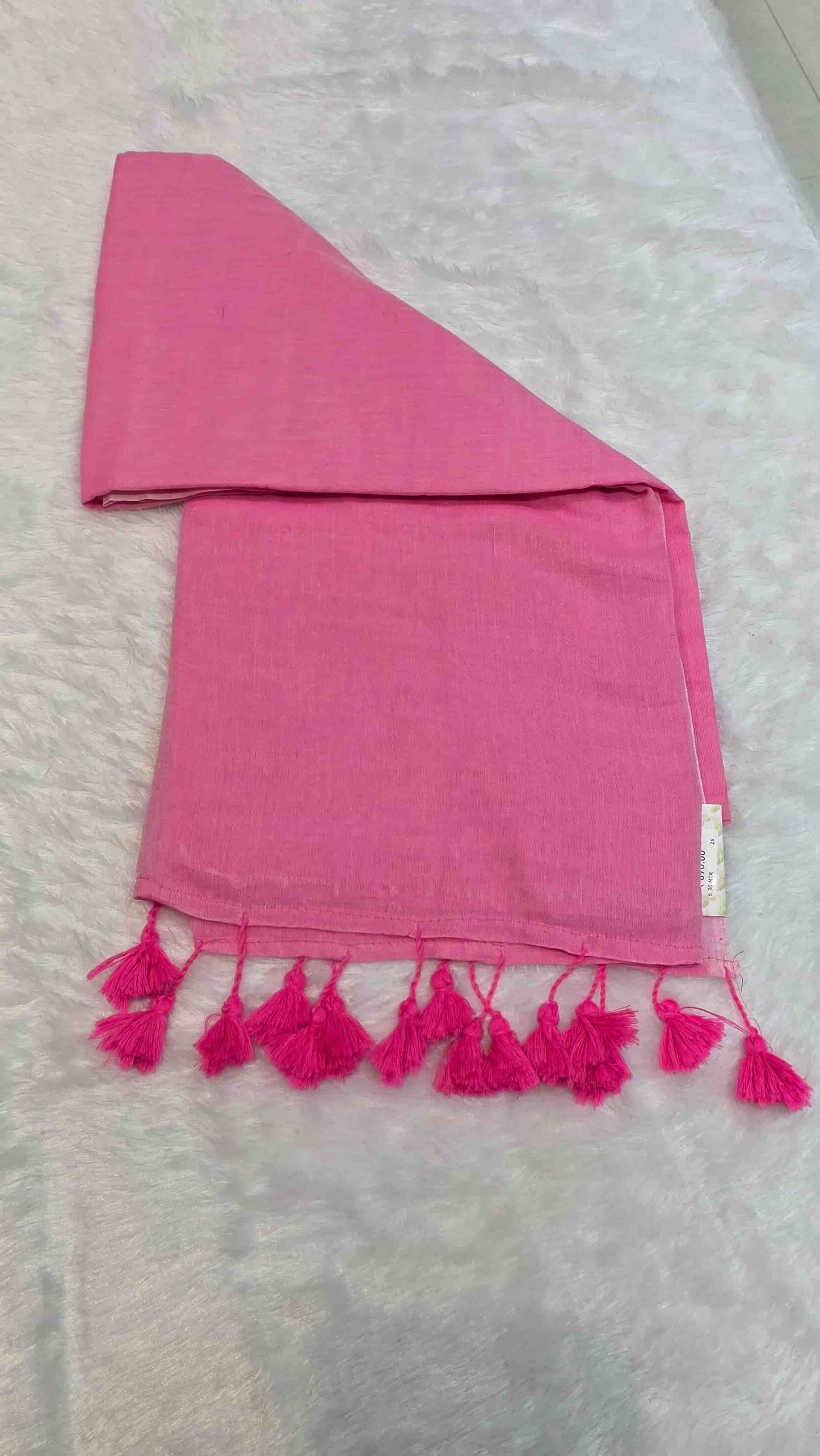 Minimal design bright pink cotton saree with tassels and self-blouse, perfect for office and casual wear.