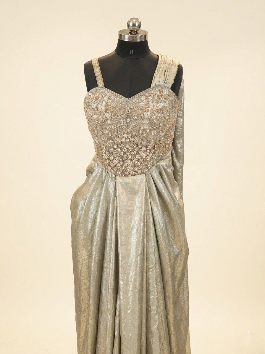 Metallic Gold Embroidered Saree Gown
