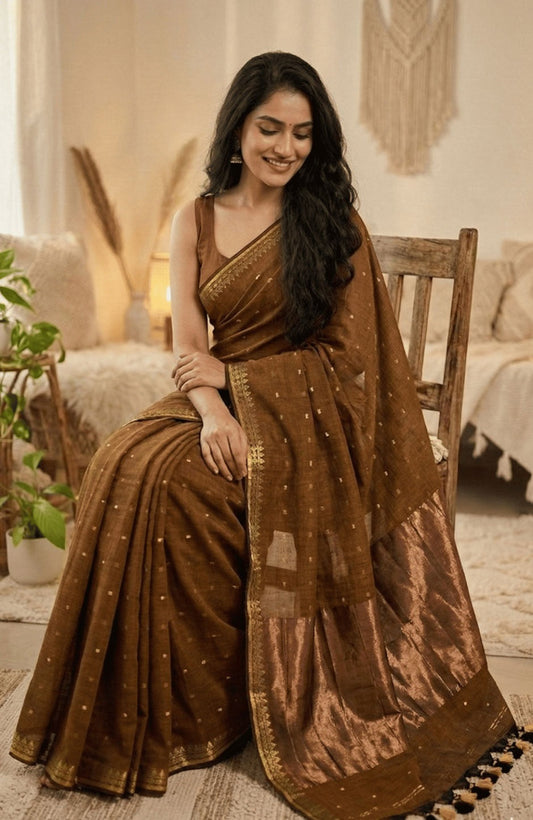 This premium coffee brown saree with beautiful copper zari pallu and small butties best for all occasions and office and aily wear also