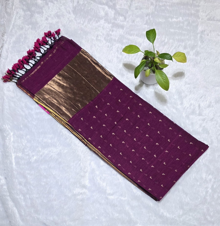 Pure magenta cotton saree all-over copper butti work copper zari pallu golden border festive ethnic wear