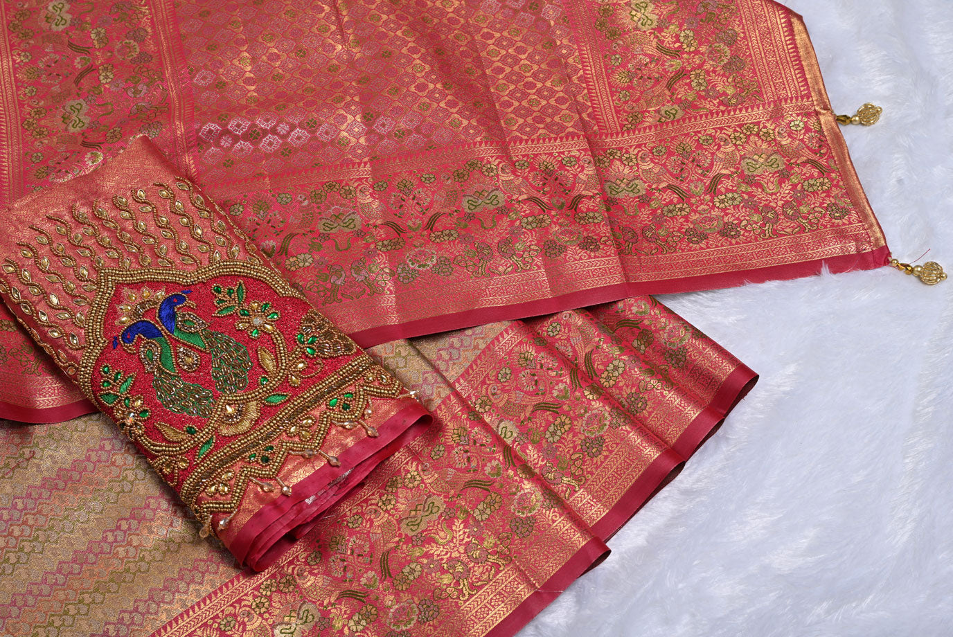 Golden Kanjivaram Silk Saree with Fancy Design and Pink Contrast Aari Work Blouse
