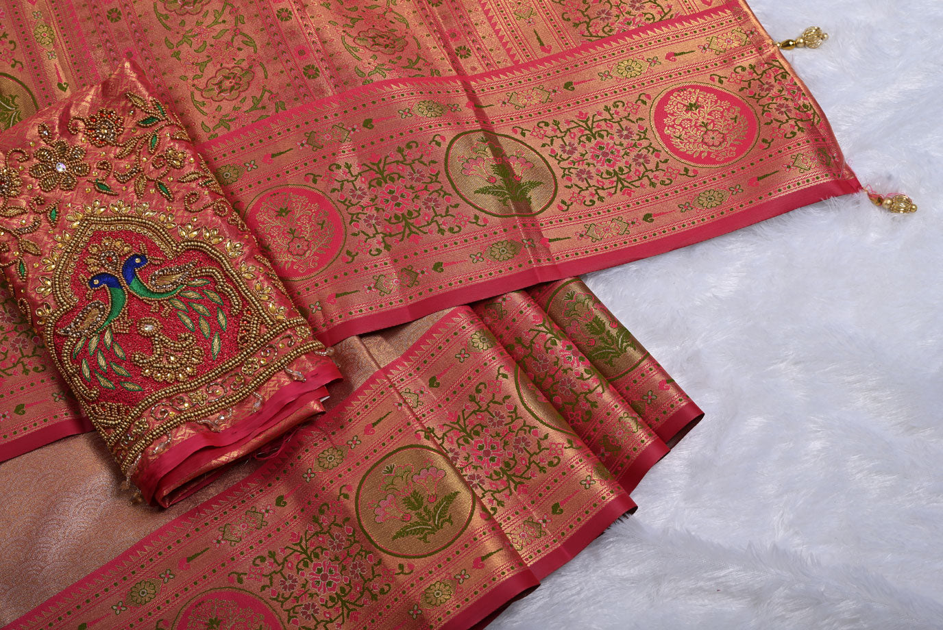 Golden Kanjivaram Silk Saree with Fancy Design and Red Contrast Aari Work Blouse