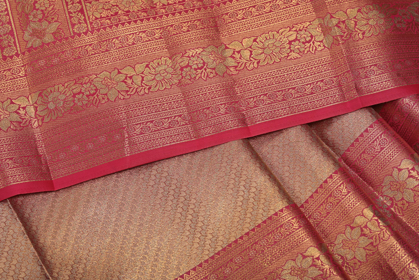 Golden Pink Kanjivaram Silk Saree with Fancy Minakari Border and Pink Contrast Aari Work Blouse