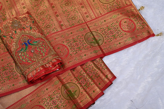 Golden Red Kanjivaram Silk Saree with Fancy Design and Red Contrast Aari Work Blouse