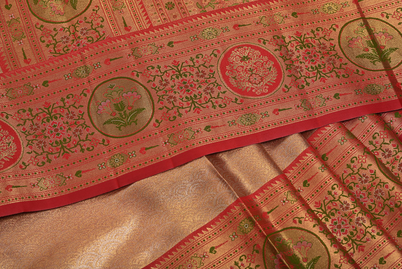 Golden Red Kanjivaram Silk Saree with Fancy Design and Red Contrast Aari Work Blouse