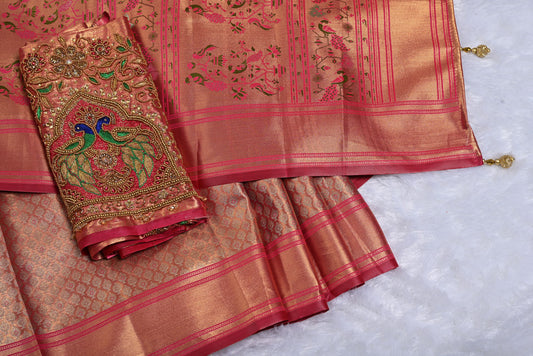 Golden Kanjivaram Silk Saree with Fancy Minakari Border and Red Contrast Aari Work Blouse