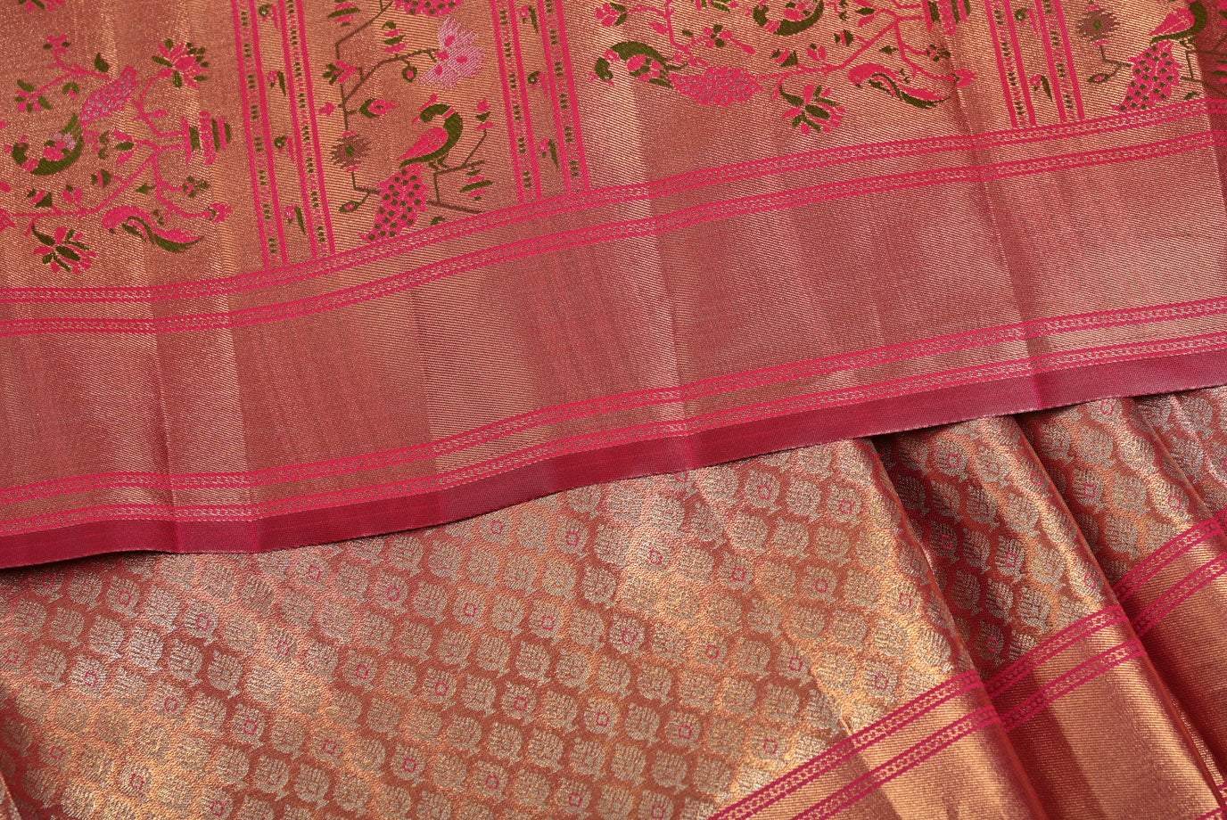 Golden Kanjivaram Silk Saree with Fancy Minakari Border and Red Contrast Aari Work Blouse