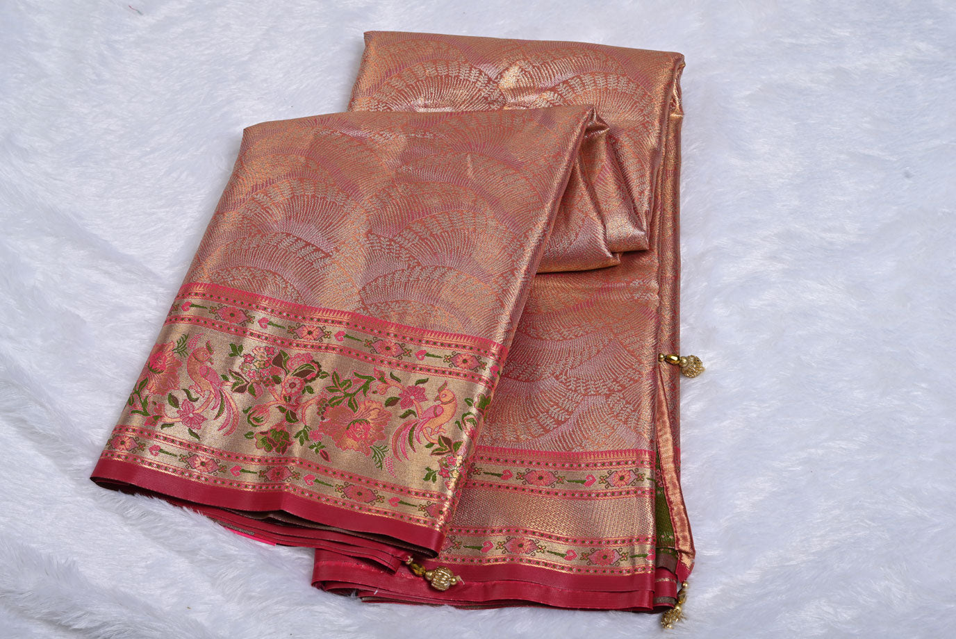 Golden Kanjivaram Silk Saree with Fancy Contrast Border and Red Contrast Aari Work Blouse