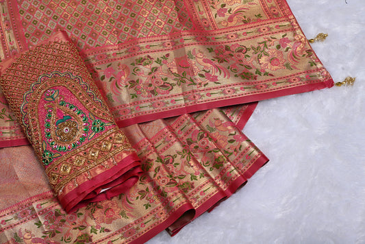Golden Kanjivaram Silk Saree with Fancy Contrast Border and Red Contrast Aari Work Blouse