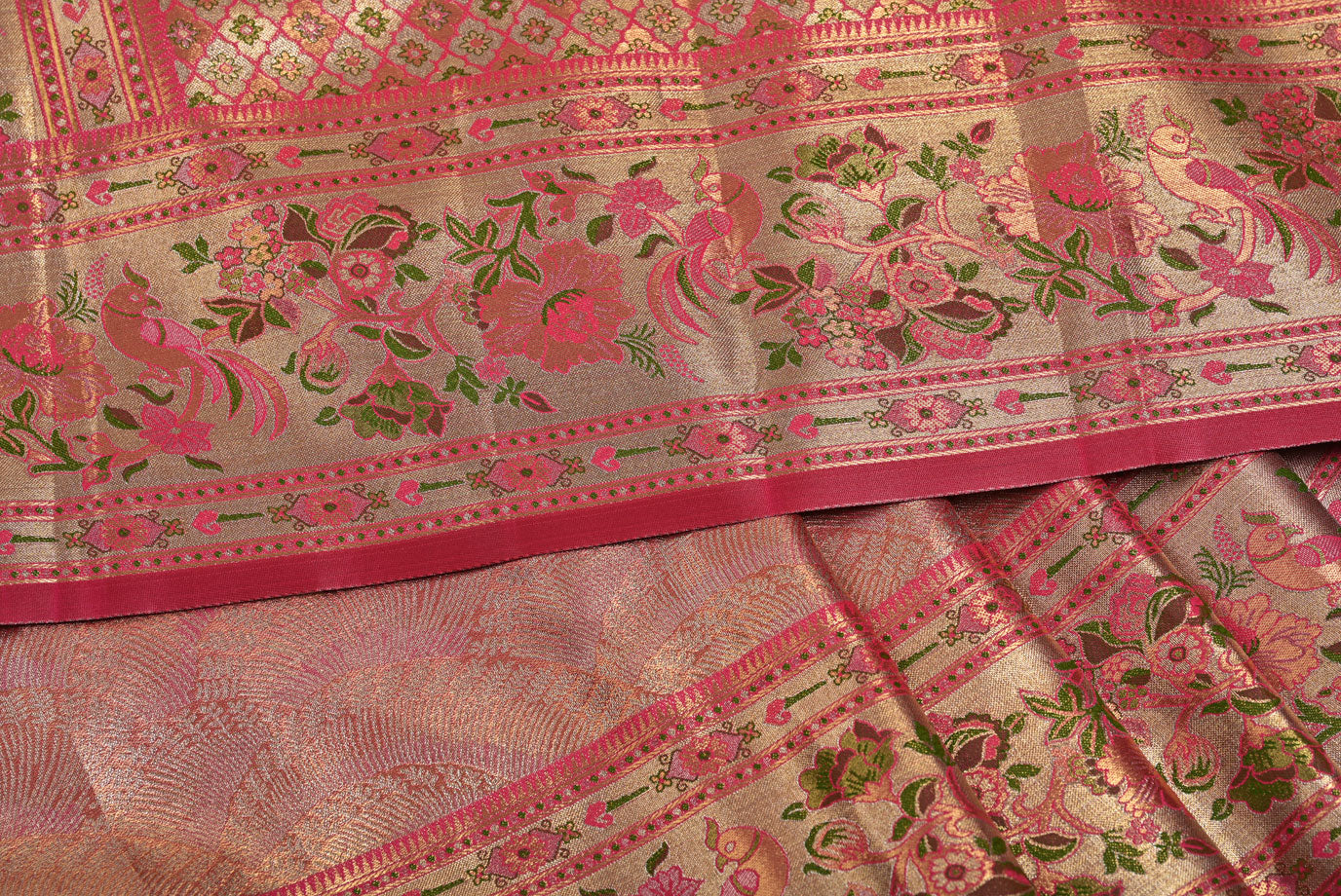 Golden Kanjivaram Silk Saree with Fancy Contrast Border and Red Contrast Aari Work Blouse