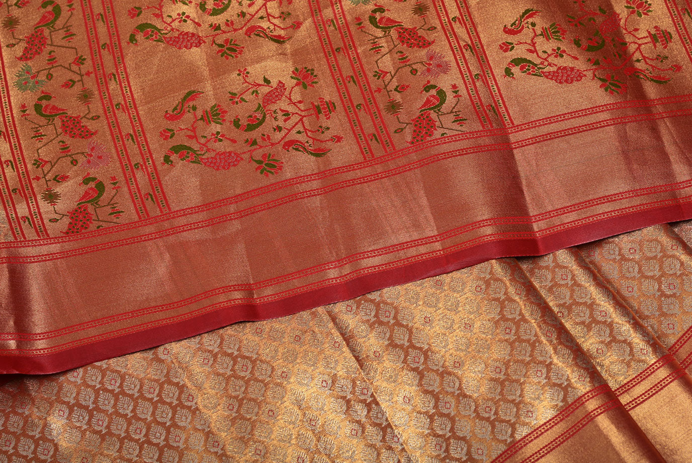 Golden Red Kanjivaram Silk Saree with Fancy Design and Contrast Border