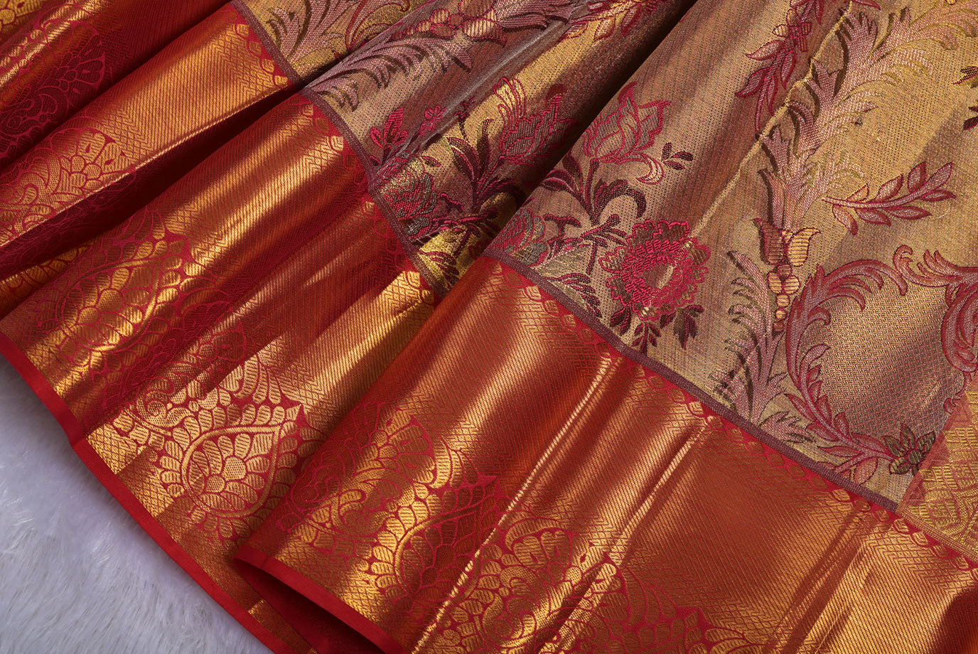 Red and Gold Pure South Silk Saree with Minakari Doli Contrast Border