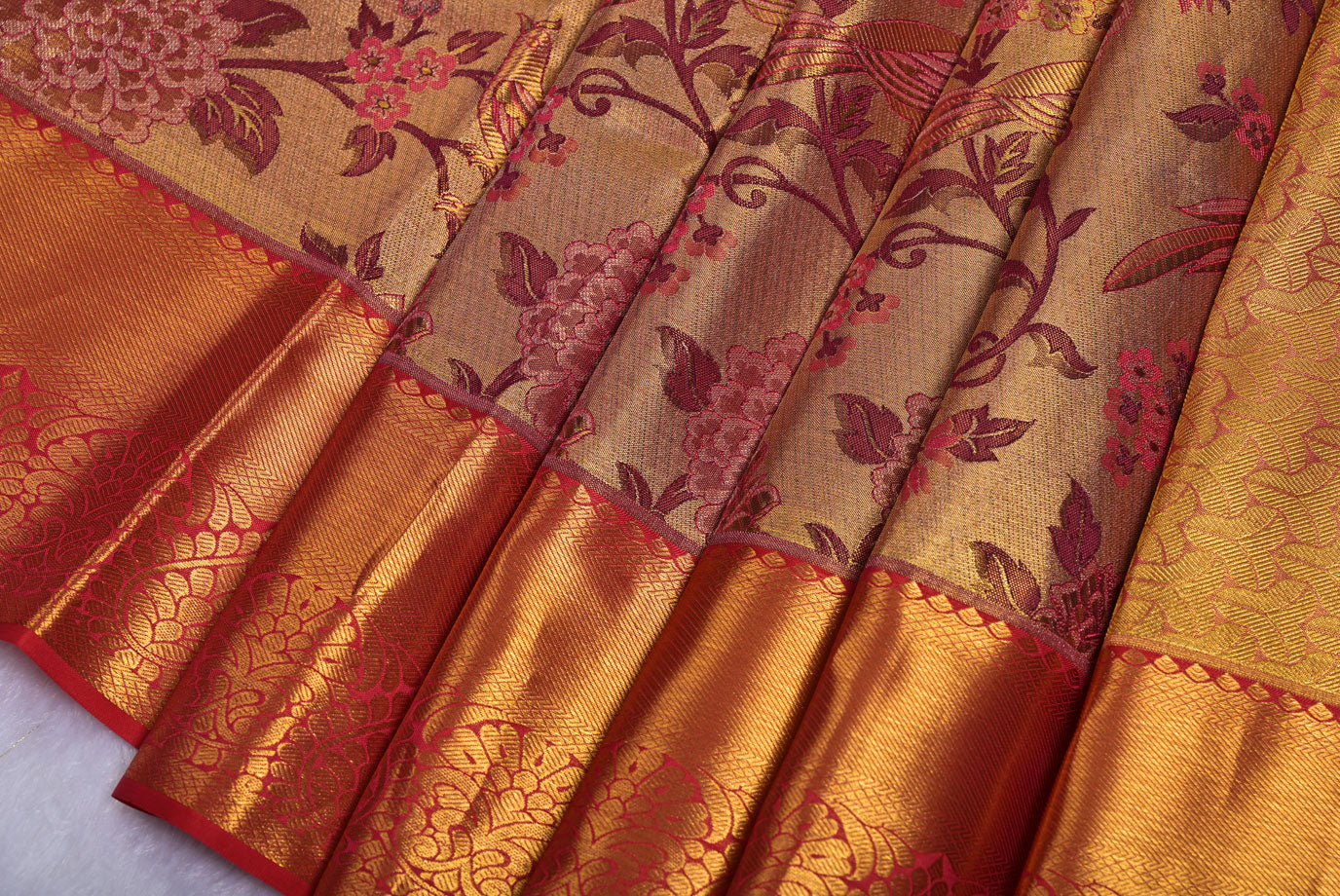 Golden Pure South Silk Saree with Minakari Design and Contrast Border