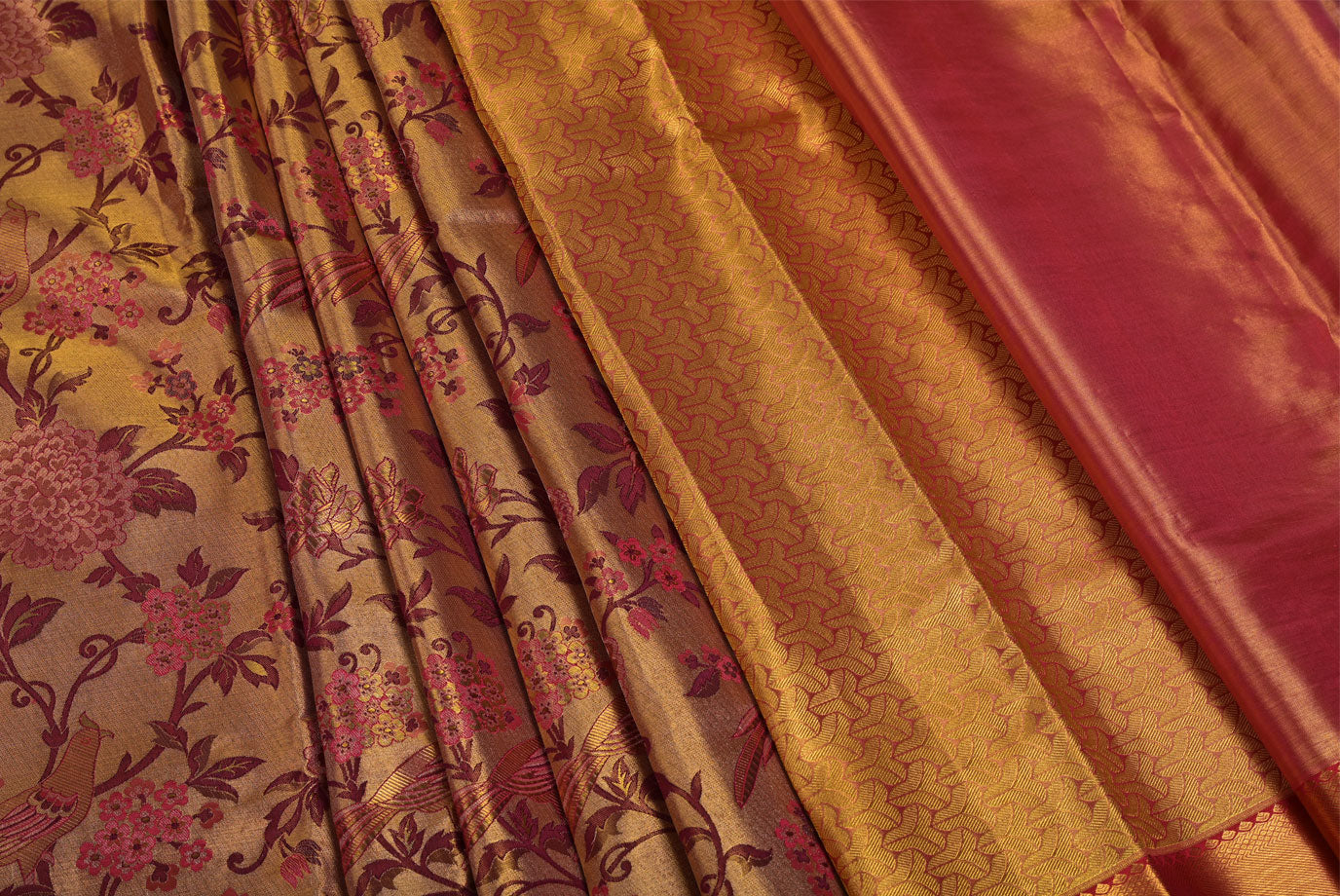 Golden Pure South Silk Saree with Minakari Design and Contrast Border