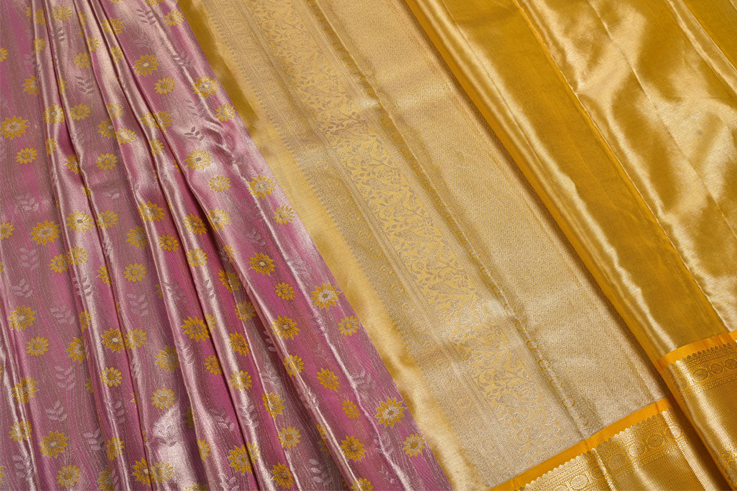 Baby Pink Pure Kanjivaram Tissue Silk Saree with Yellow Floral Design and Golden Border
