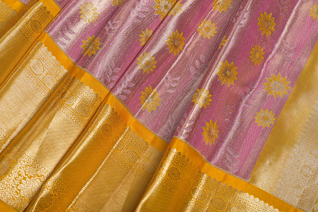 Baby Pink Pure Kanjivaram Tissue Silk Saree with Yellow Floral Design and Golden Border