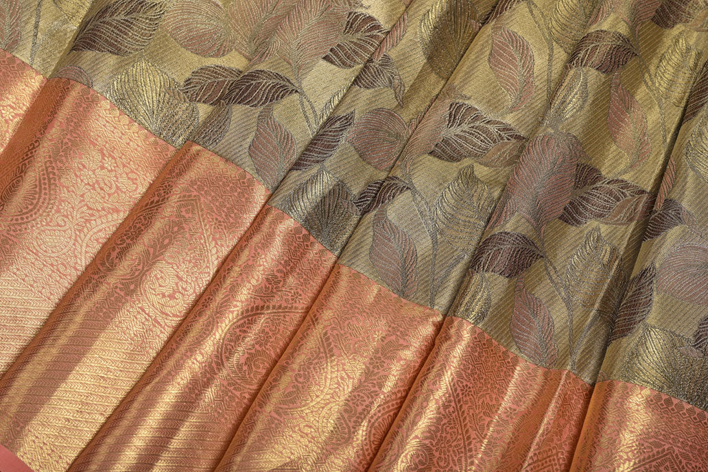 Muted Green Pure Silk Kanjivaram Saree with Peach Tone and Leafy Pattern