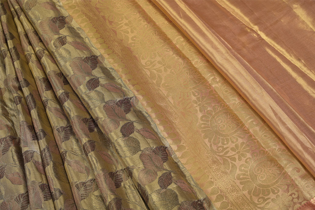 Muted Green Pure Silk Kanjivaram Saree with Peach Tone and Leafy Pattern