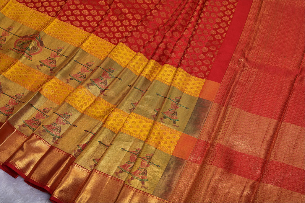 Red and Gold Pure South Silk Saree with Minakari Doli Contrast Border
