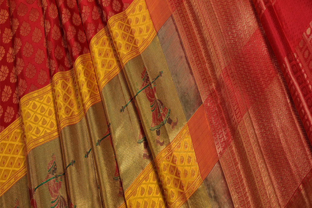 Red and Gold Pure South Silk Saree with Minakari Doli Contrast Border