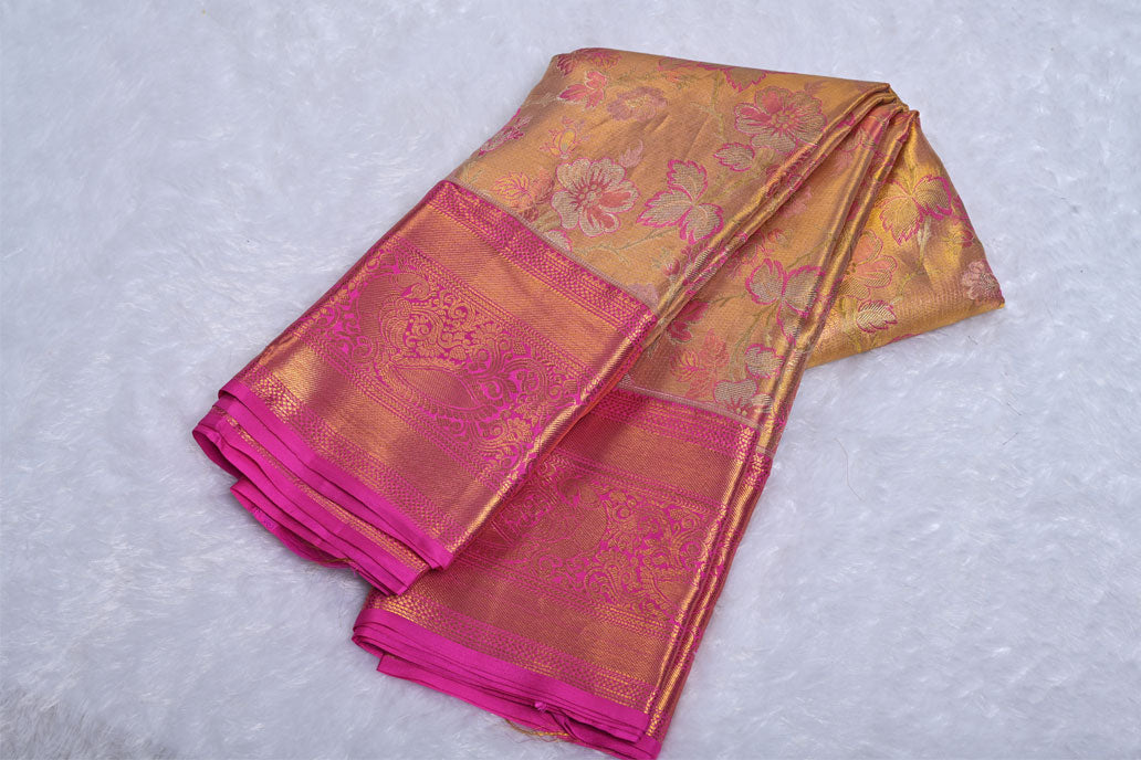 Golden Pure Tissue Silk Kanjivaram Saree with Floral Zari Work and Contrast Border
