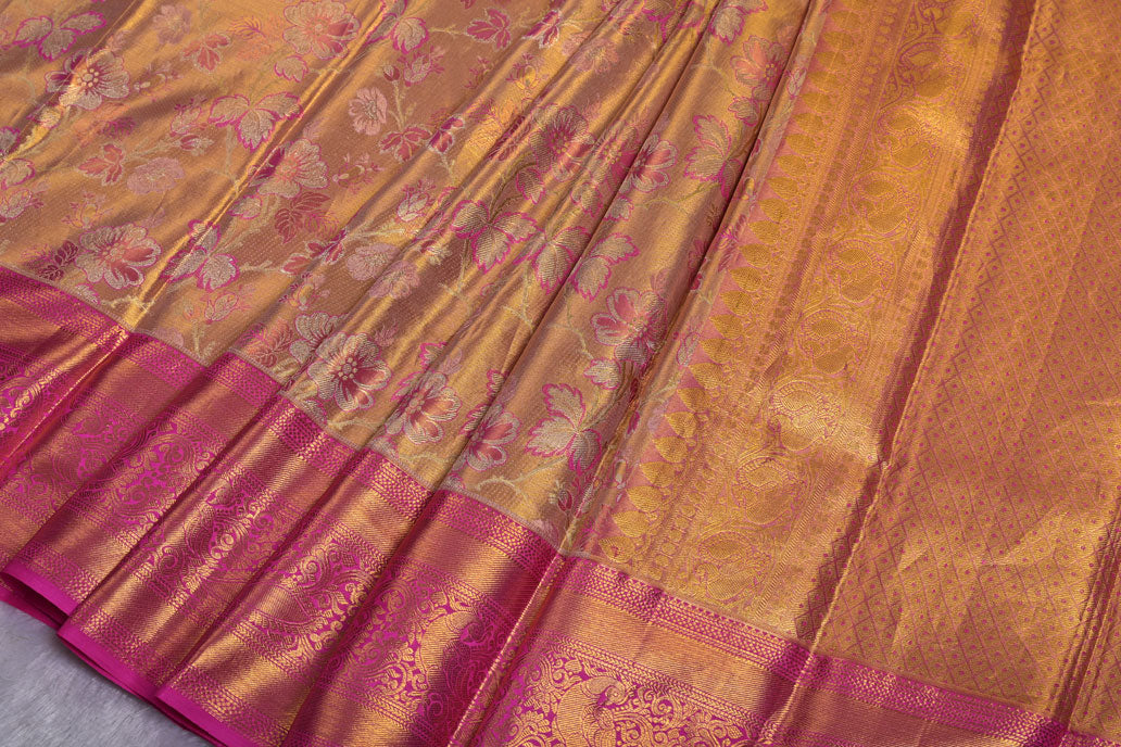 Golden Pure Tissue Silk Kanjivaram Saree with Floral Zari Work and Contrast Border