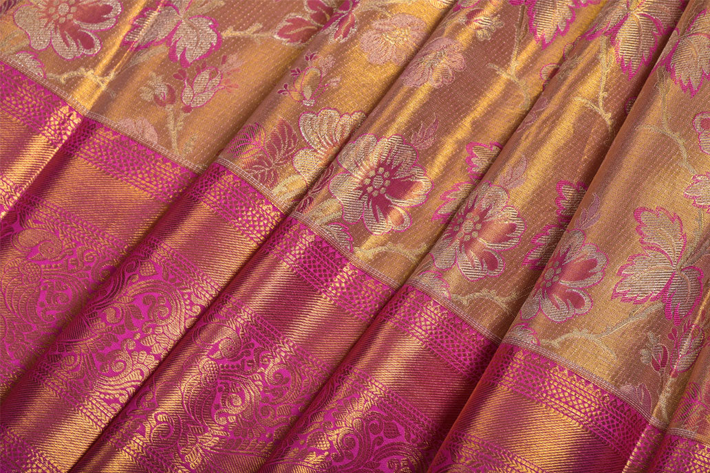 Golden Pure Tissue Silk Kanjivaram Saree with Floral Zari Work and Contrast Border