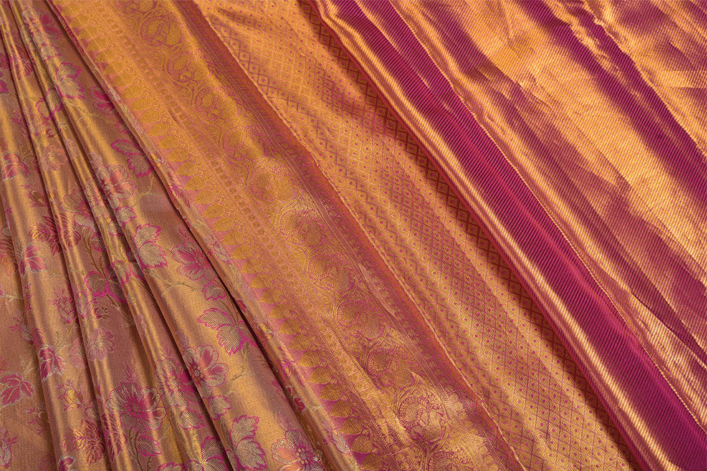 Golden Pure Tissue Silk Kanjivaram Saree with Floral Zari Work and Contrast Border