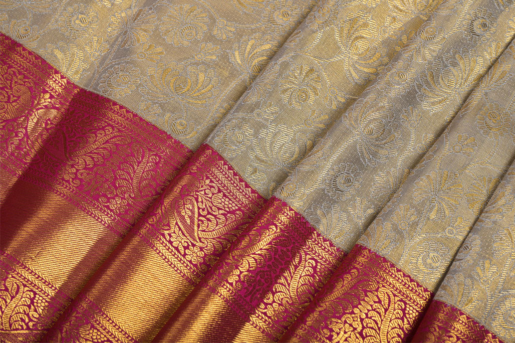 Cream Pure Tissue Silk Saree with Fancy Self Design and Contrast Border