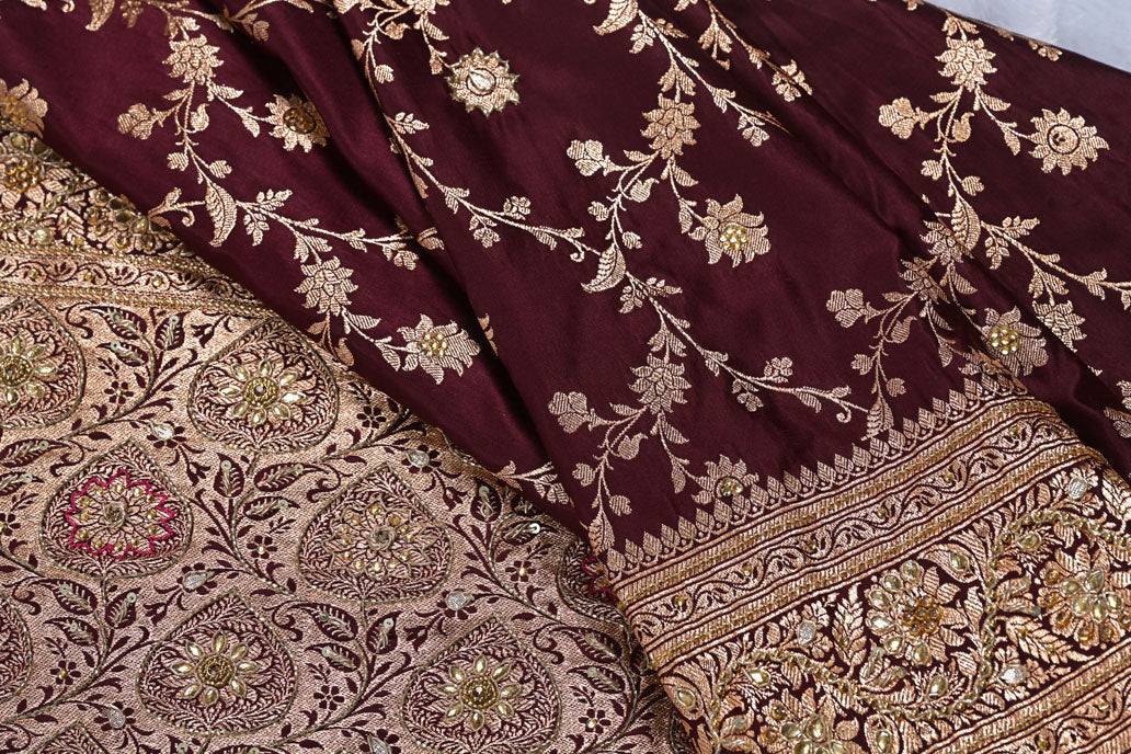 Banarasi dark wine banarasi saree for weddings and festive occasions