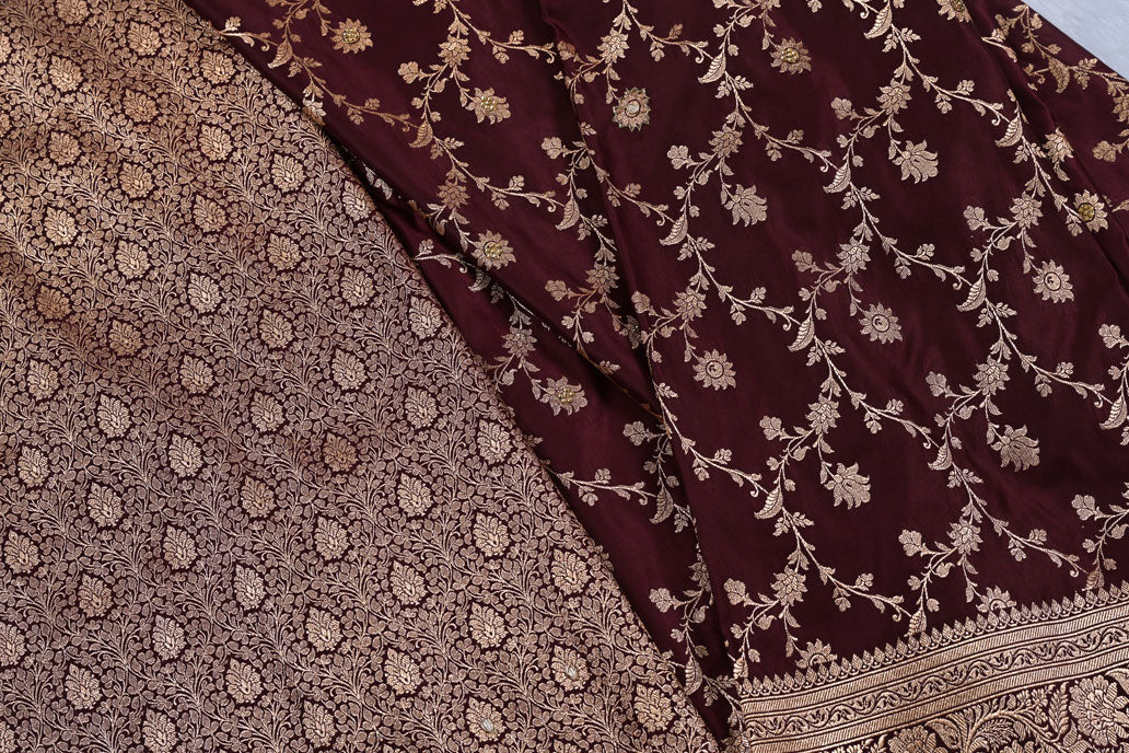 Banarasi dark wine banarasi saree for weddings and festive occasions