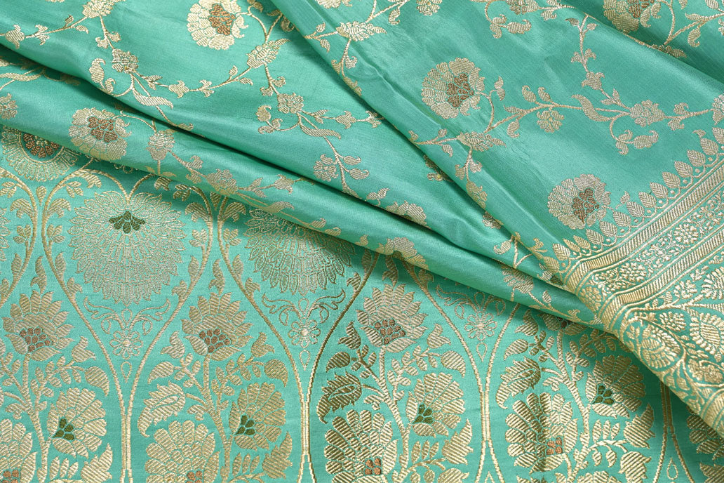 Sea Green Pure Banarasi Silk Saree with Jal Work and Self Border