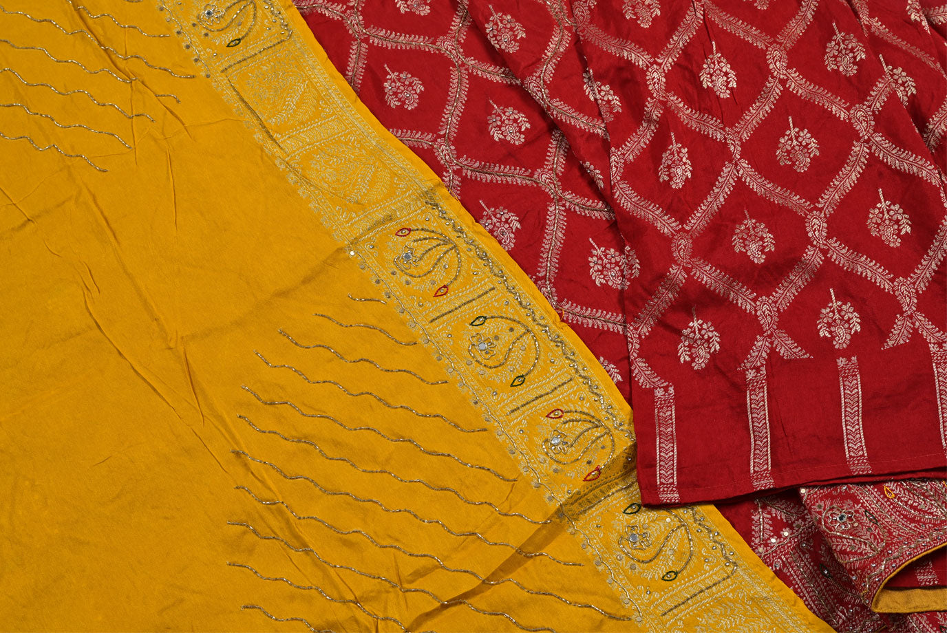 Close-up of yellow and pink fabric with intricate patterns