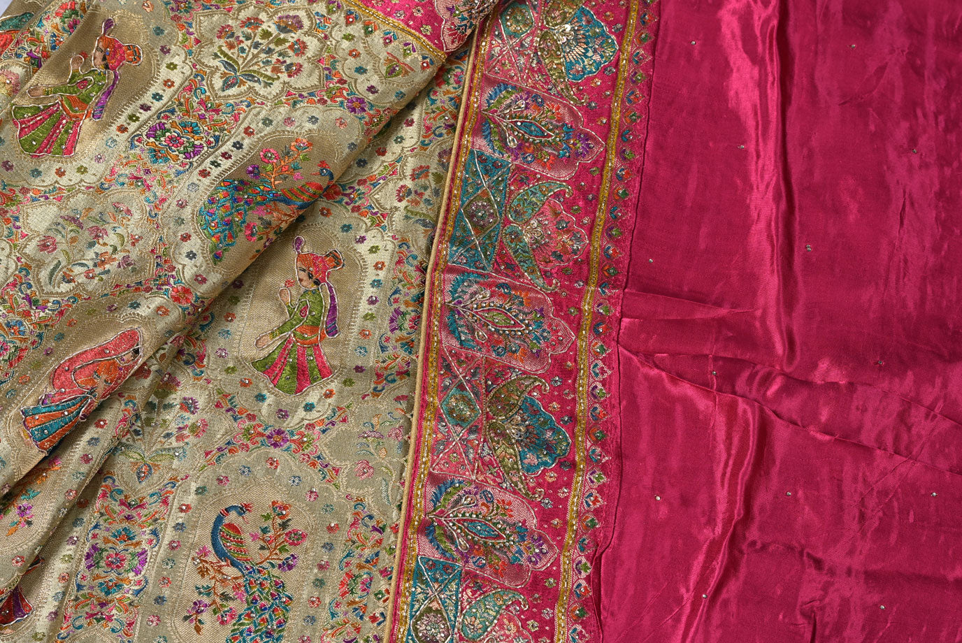 Cream Designer Silk Saree with Jardosi Handwork and Pink Contrast Blouse