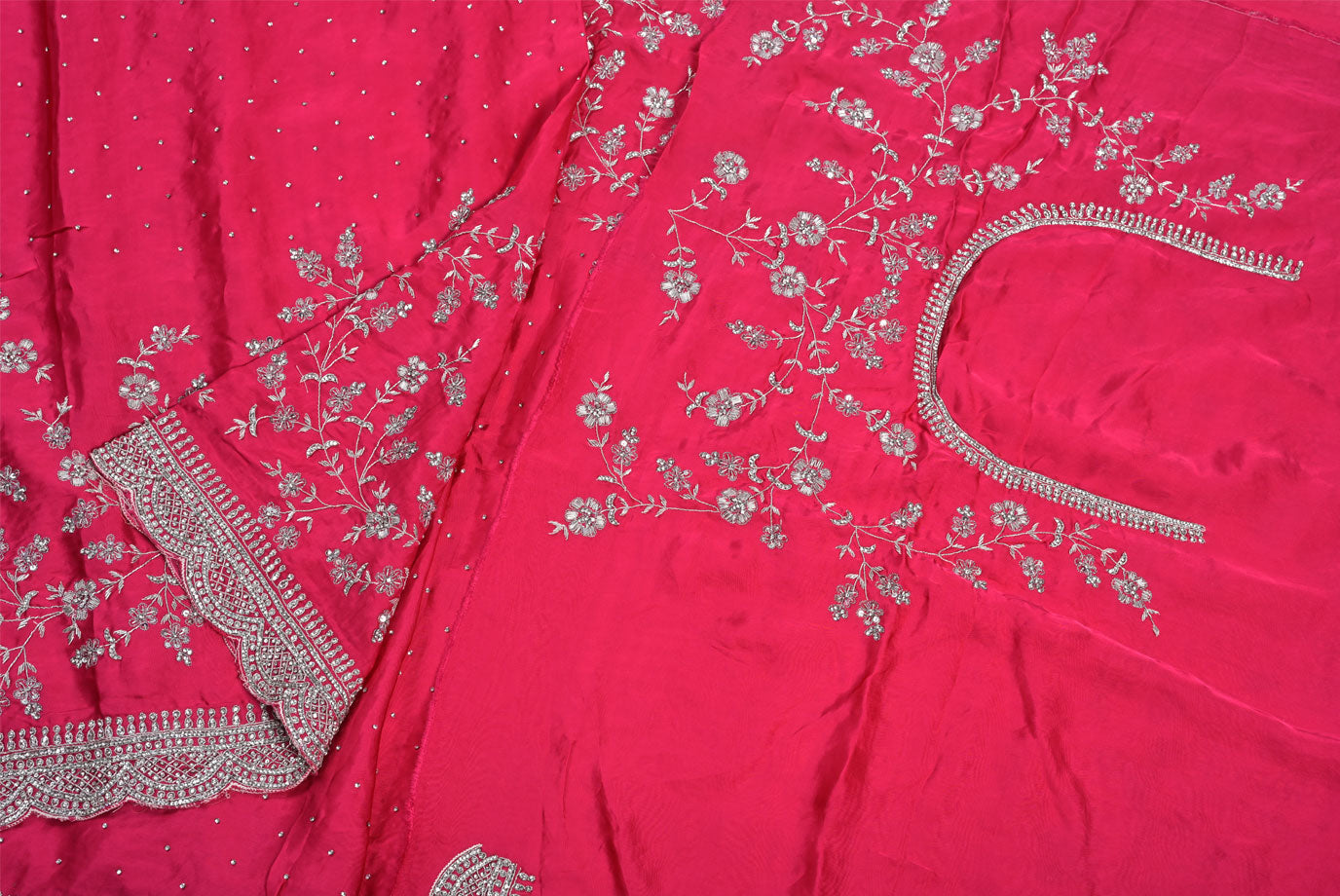 Silk rani colour crape silk saree for weddings and festive occasions
