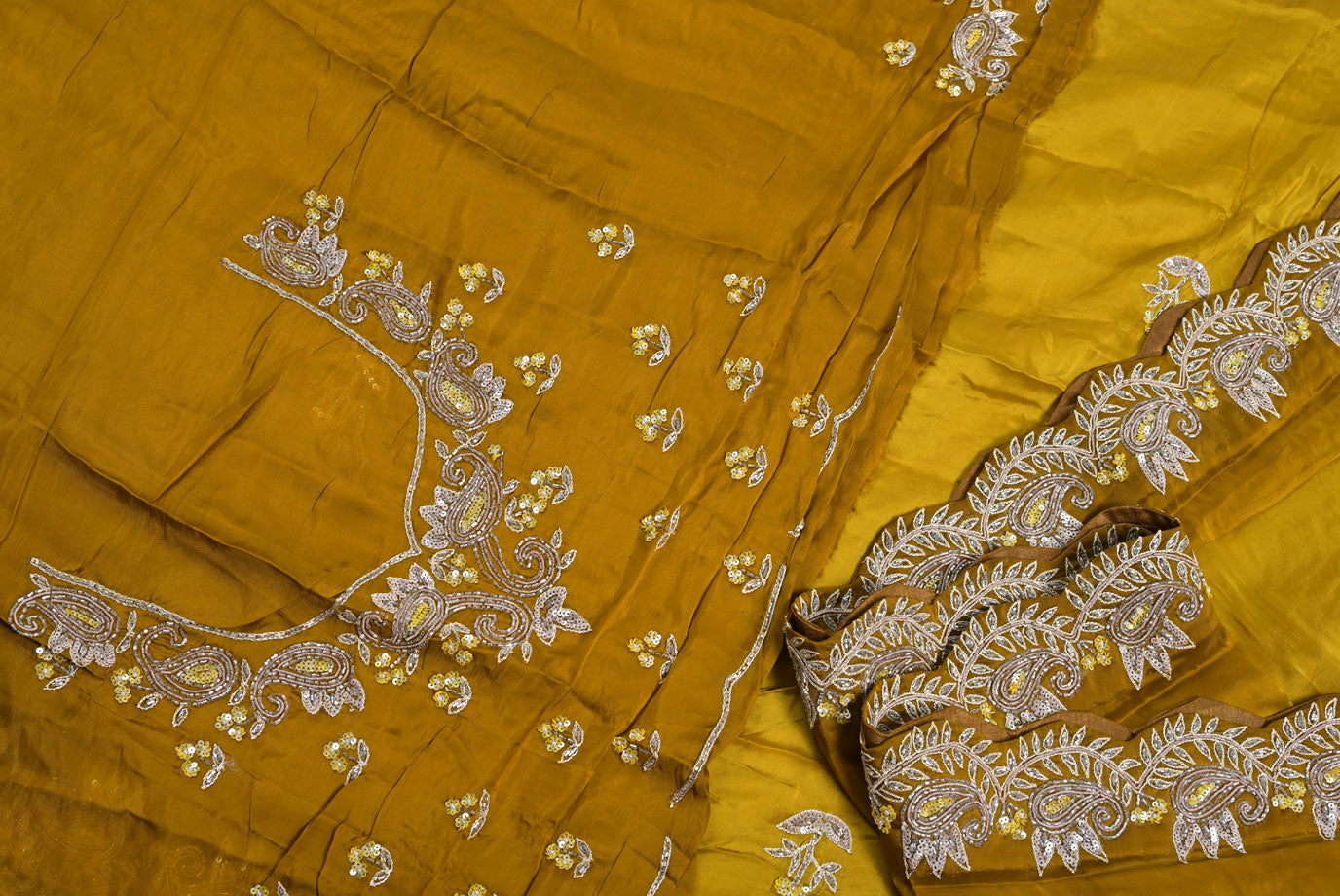 Silk mustered chinon silk saree for weddings and festive occasions
