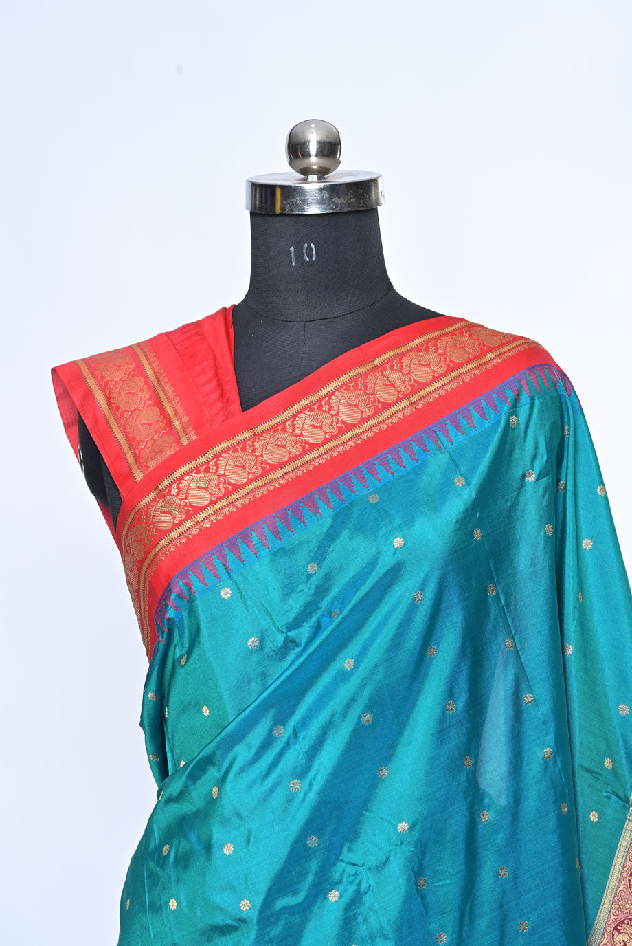 Peacock Green Gadhwal Silk Saree with Butti Design and Red Contrast Border