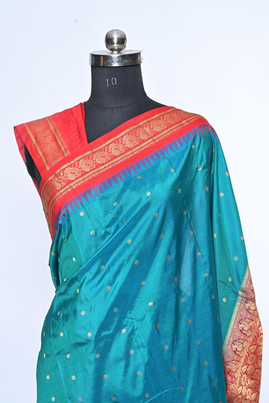 Peacock Green Gadhwal Silk Saree with Butti Design and Red Contrast Border