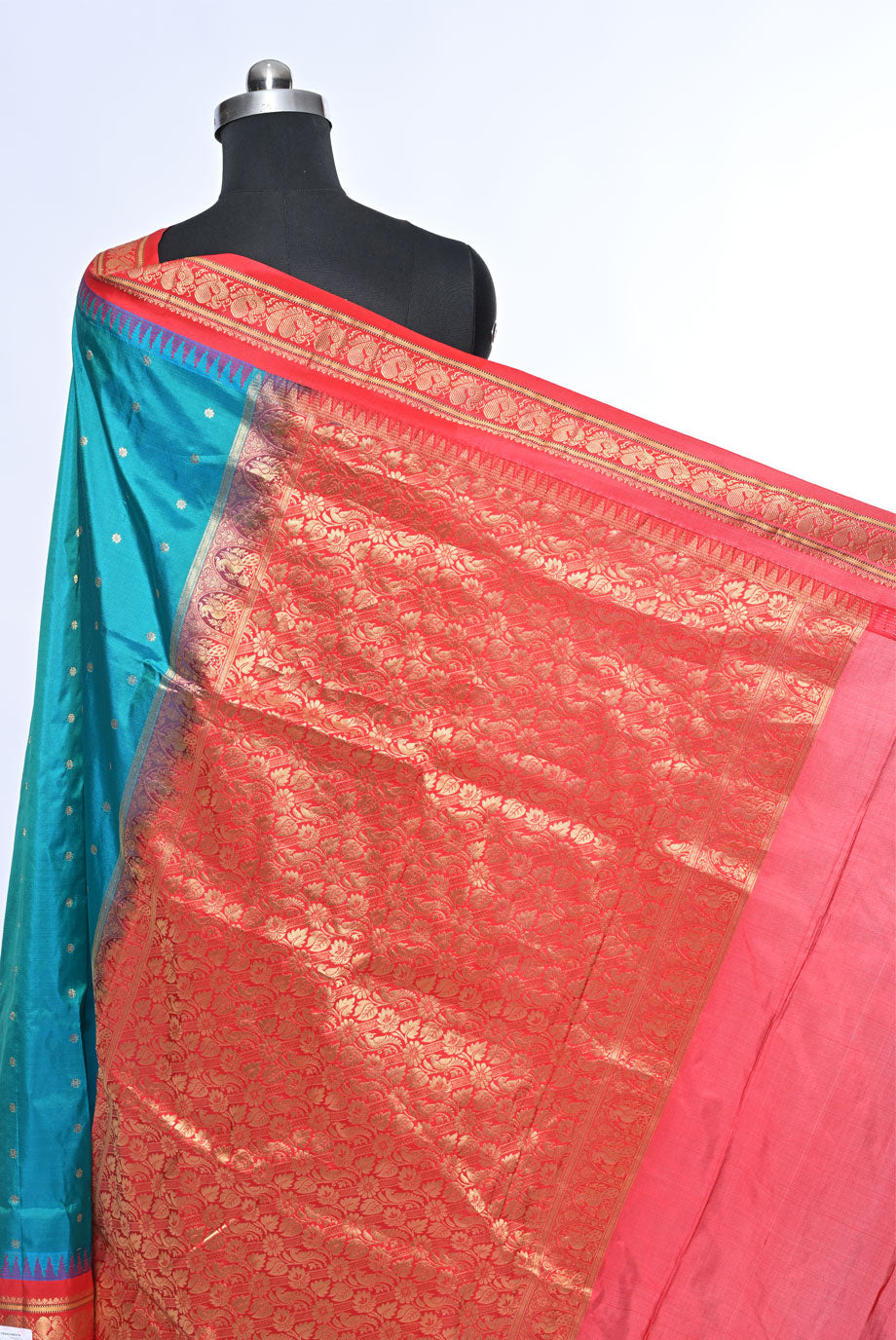 Peacock Green Gadhwal Silk Saree with Butti Design and Red Contrast Border