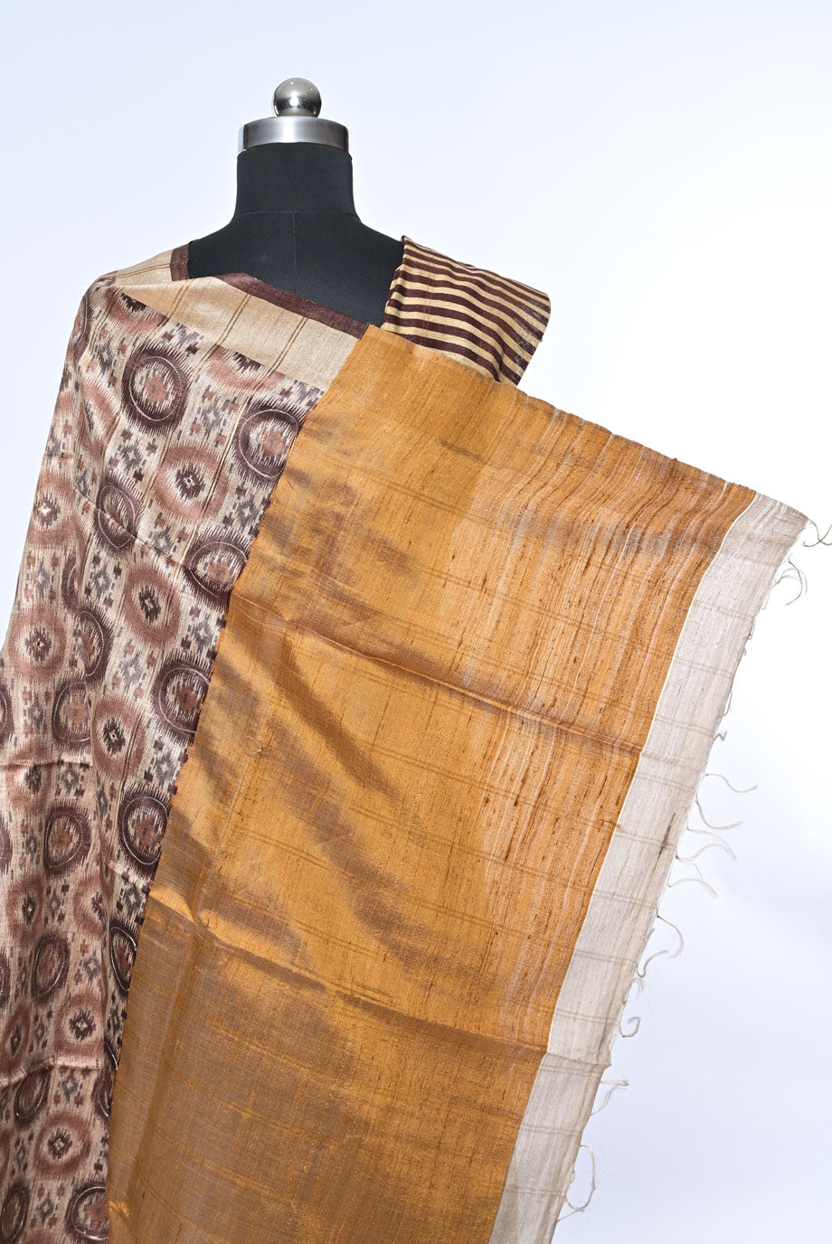 Beige and Brown Pure Jute Saree with Zari Work and Off-White Border