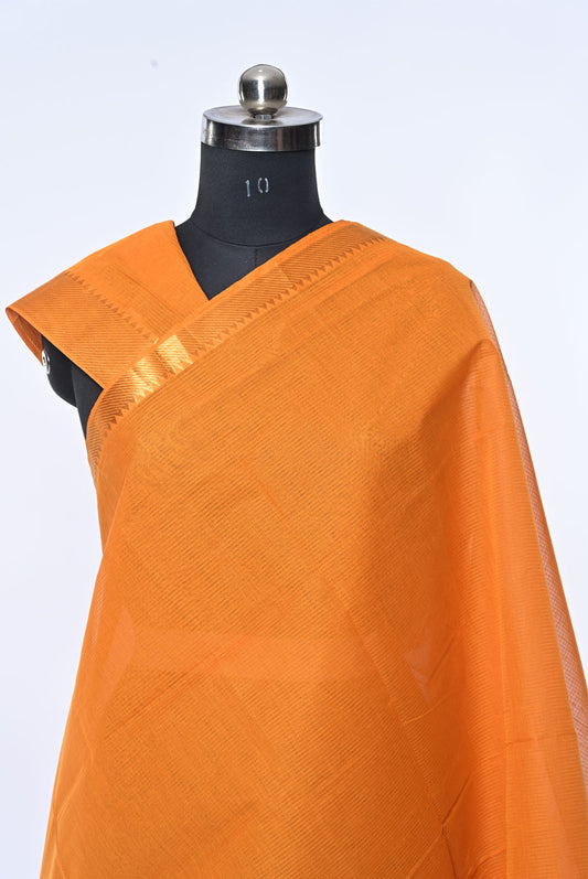 Orange Pure Mangalgiri Cotton Saree with Golden Zari Border and Running Blouse