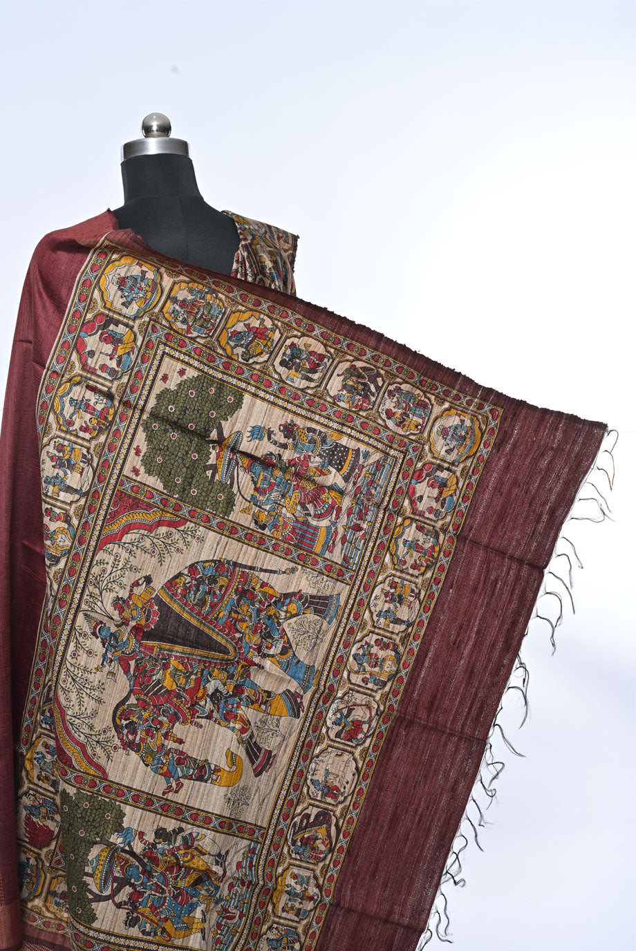 Crimson Red Pure Jute Saree with Kalamkari Pallu and Plain Border