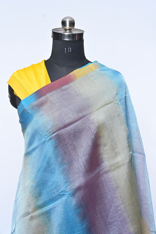 Multicolor Pure Mangalgiri Cotton Saree with Self Border and Yellow Contrast Blouse
