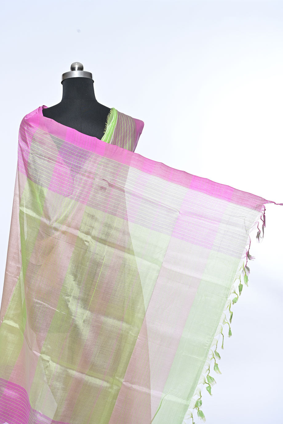 Cream and Pink Pure Mangalgiri Cotton Saree with Contrast Border and Pink Blouse