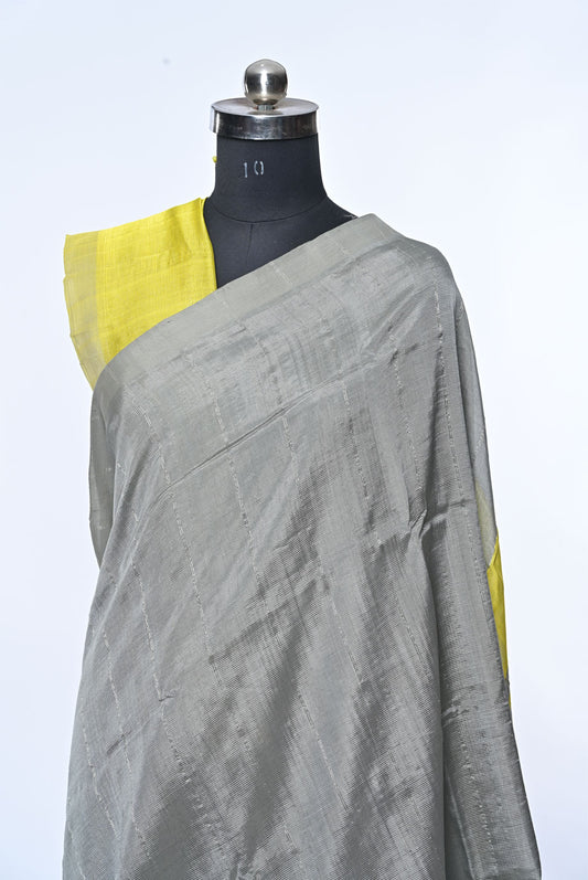Gray Pure Mangalgiri Cotton Saree with Contrast Pallu and Plain Border