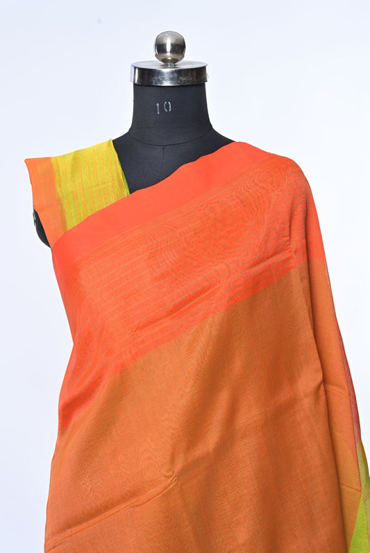 Rust Orange Pure Mangalgiri Cotton Saree with Contrast Border and Neon Blouse